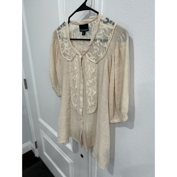 Cynthia Rowley Embroidered Lace Button Front Blouse Beige Sz Medium Floral Boho - Picture 3 of 10